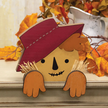 Load image into Gallery viewer, Peeking Scarecrow Wooden Shelf Sitter
